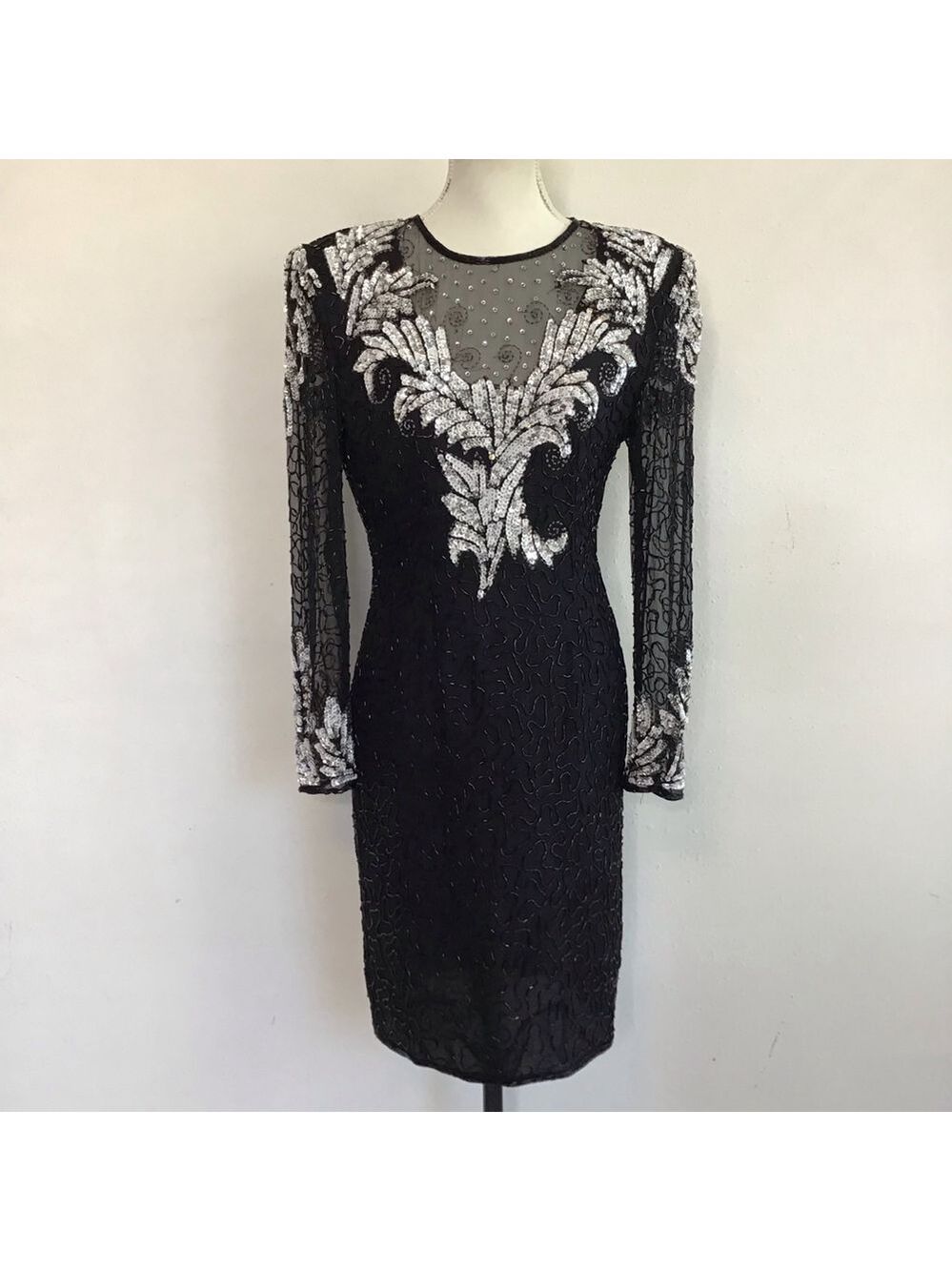 Lawrence Kazar Women Stunning Black White Silver Sequin Long Sleeve Dress M